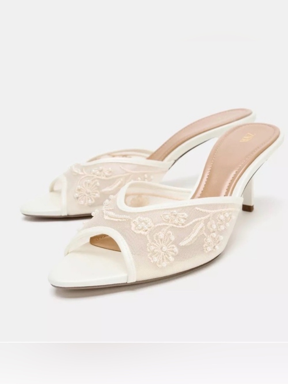 Zara Ivory Embroidered Mesh Open-Toe Mules Wedding Shoes Size 40